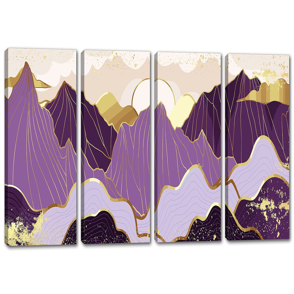 120 x 60 TOTAL - Mountains Wall Art Illustration Canvas Print purple gold 4 Panel Split Oriental Art Decor