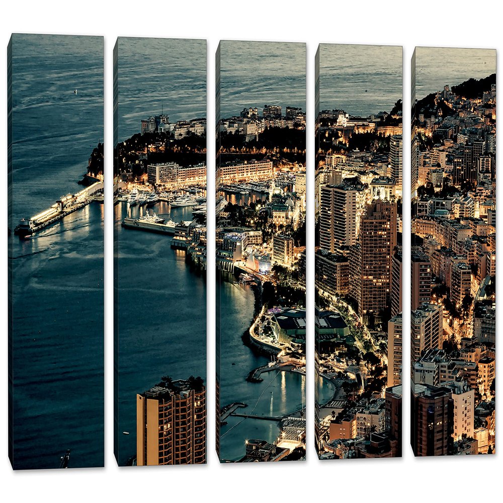 90 x 60 TOTAL - Monte Carlo, Monaco Canvas Print Wall Art at night 5 Panel Split Moaco on the Cote d'Azur