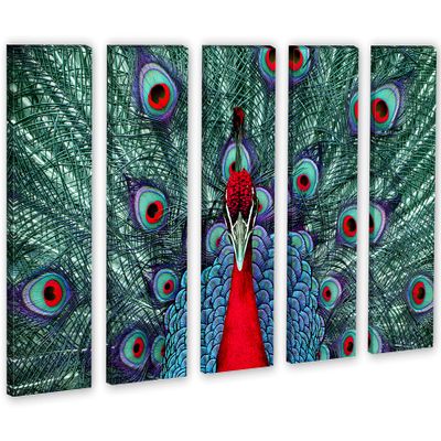 90 x 60 TOTAL - Red Peacock. Canvas Print Wall Art - 5 Panel split