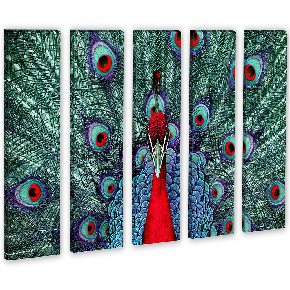 90 x 60 TOTAL - Red Peacock. Canvas Print Wall Art - 5 Panel split