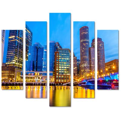 80 x 42 TOTAL - Boston Harbor Skyline Canvas Print - 5 Panel Diamond Split, Wall Art. Financial District