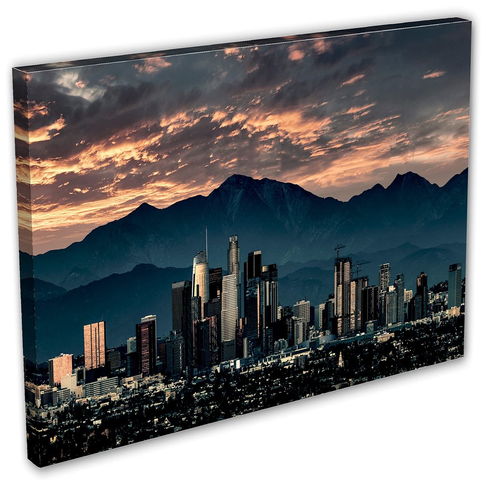 30 x 15 - Los Angeles dusk Skyline Wall Art Canvas Print Downtown LA, dramatic tone