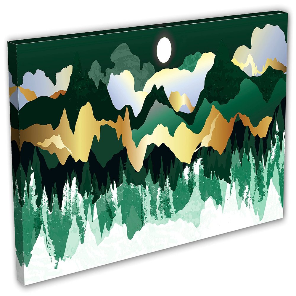 30 x 15 - Mountains Illustration Canvas Print Wall Art Green gold Oriental asian decor