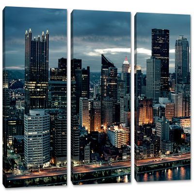 60 x 40 TOTAL - Pittsburgh, PA Skyline Wall Art Canvas Print evening 3 Panel Split Pittsburgh City Print