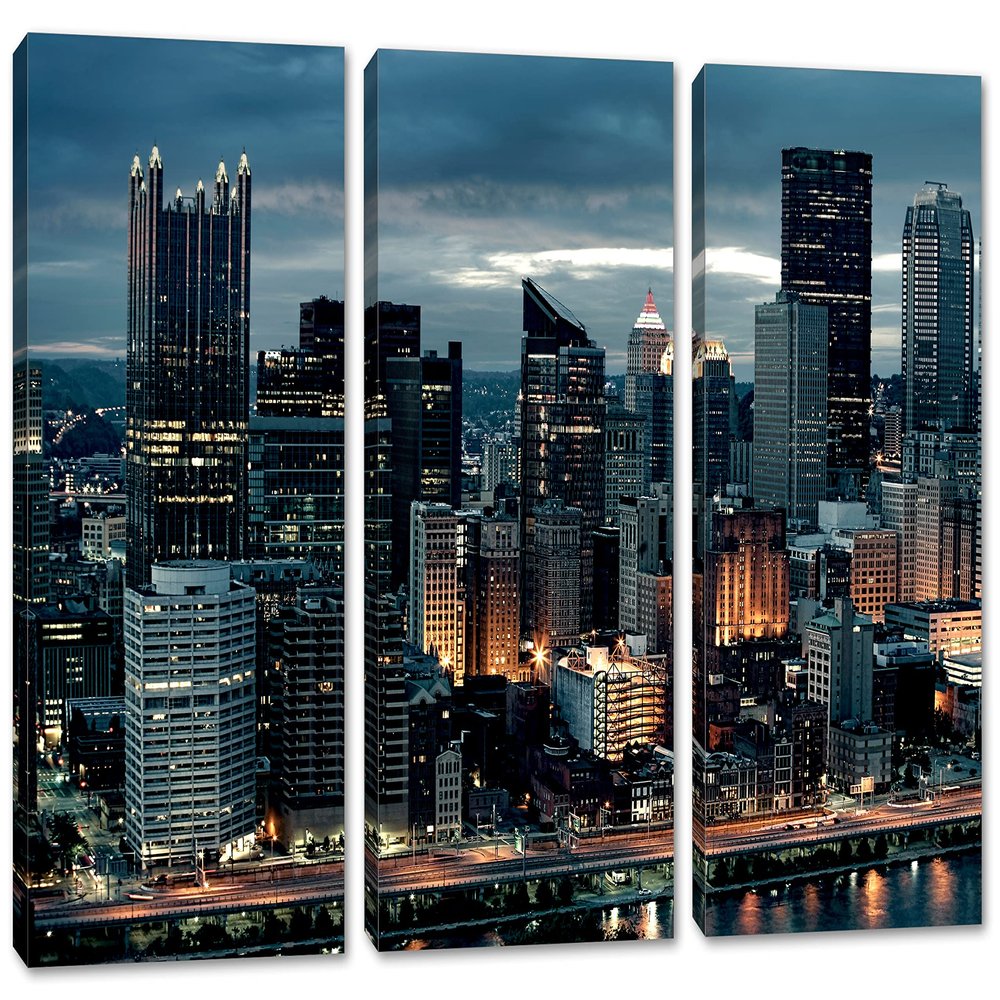 60 x 40 TOTAL - Pittsburgh, PA Skyline Wall Art Canvas Print evening 3 Panel Split Pittsburgh City Print