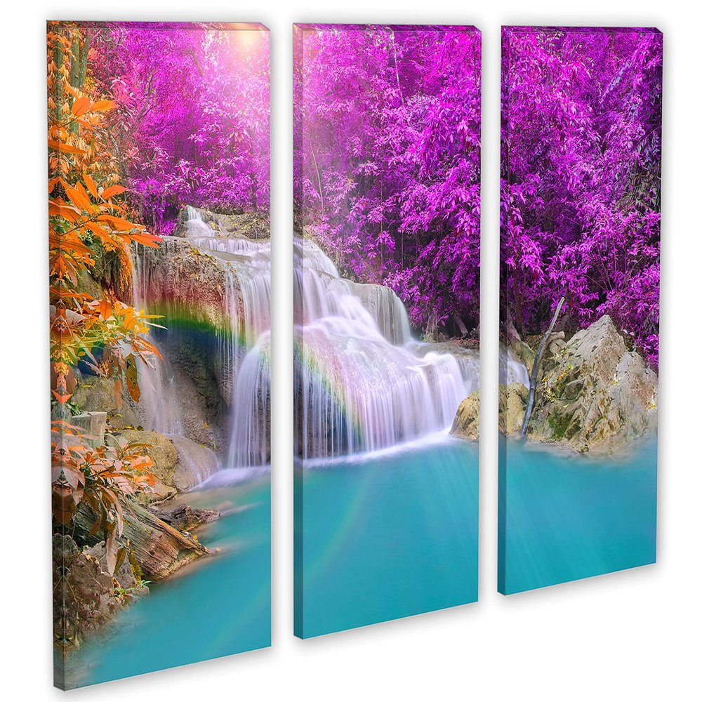 48 x 32 TOTAL - Cascading Forest Waterfall Canvas Print Wall Art. 3 Panel Split, Triptych decor, interior design