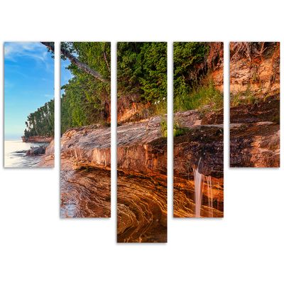 80 x 42 TOTAL - Miners Beach Canvas Print Wall Art blue skies 5 Panel Waterfall Split Elliot Falls, Michigan scenery