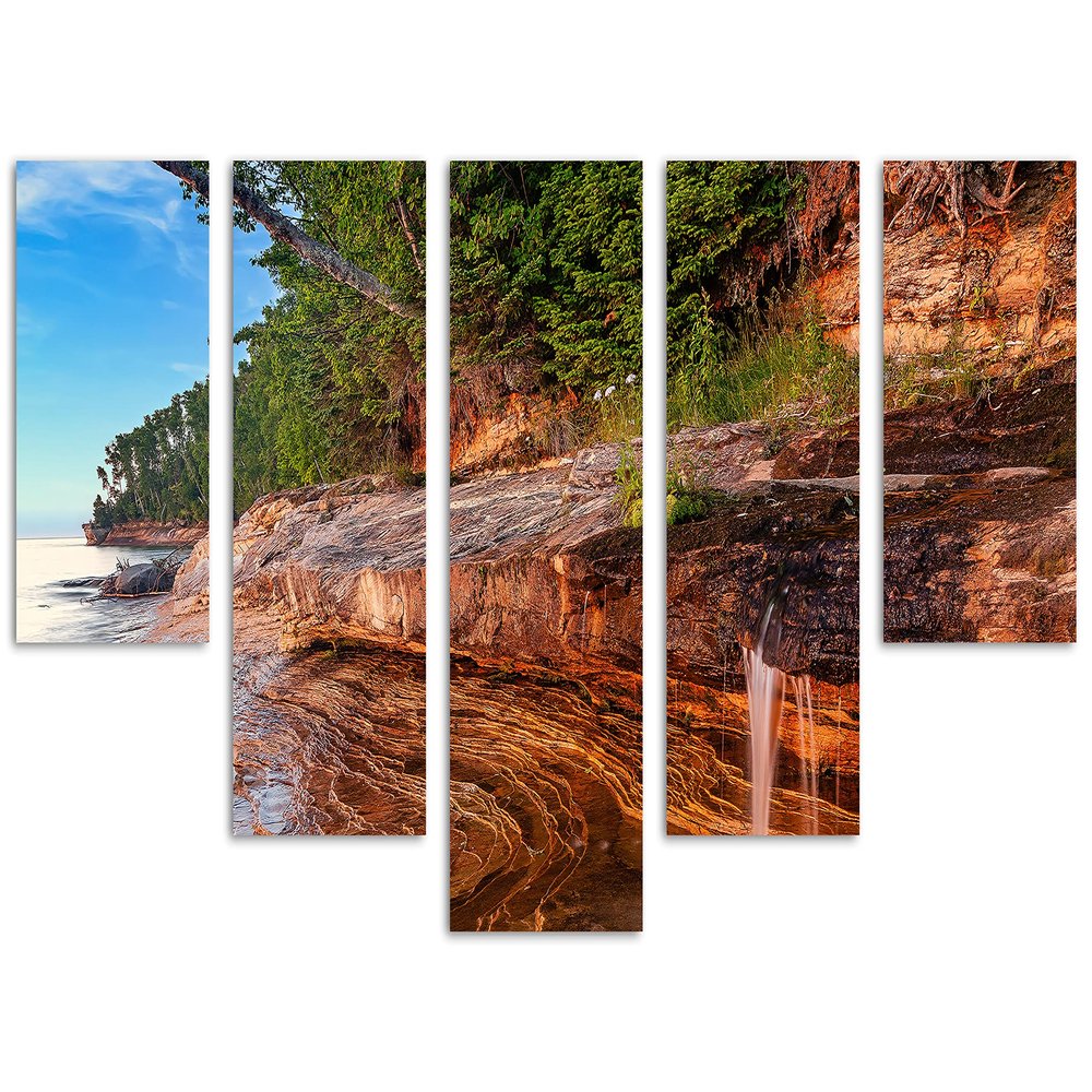 80 x 42 TOTAL - Miners Beach Canvas Print Wall Art blue skies 5 Panel Waterfall Split Elliot Falls, Michigan scenery