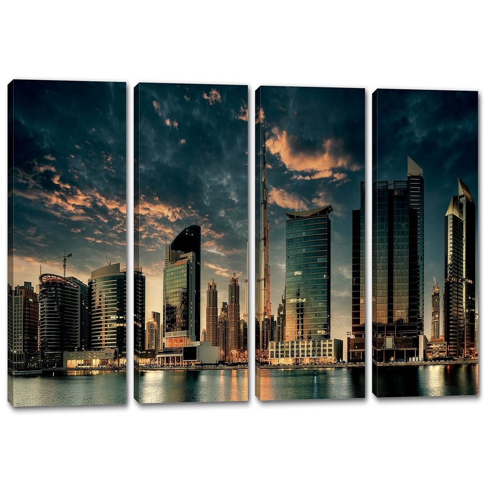 100 x 50 TOTAL - Dubai Canvas Wall Art Print at night, Burj Khalifa 4 Panel Split. Dubai UAE City Print Skyline