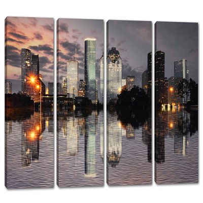 64 x 40 TOTAL - Houston Texas Skyline Wall Art Canvas Print gray brown 4 Panel Split Houston TX, Downtown
