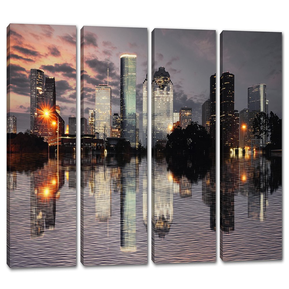 64 x 40 TOTAL - Houston Texas Skyline Wall Art Canvas Print gray brown 4 Panel Split Houston TX, Downtown