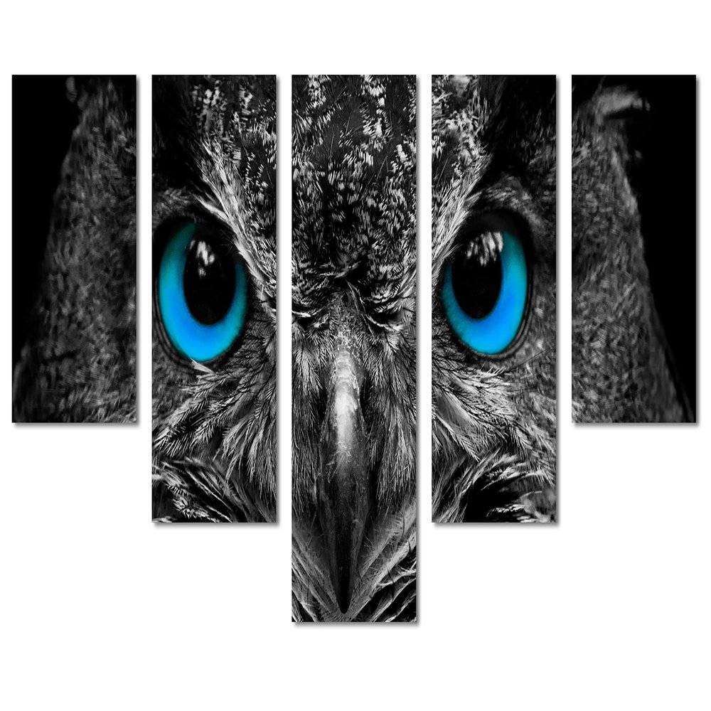 80 x 42 TOTAL - Big Blue Eyed Owl wall art Canvas Print 5 Panel Waterfall split. Bird Art Decor Home Wall Decor