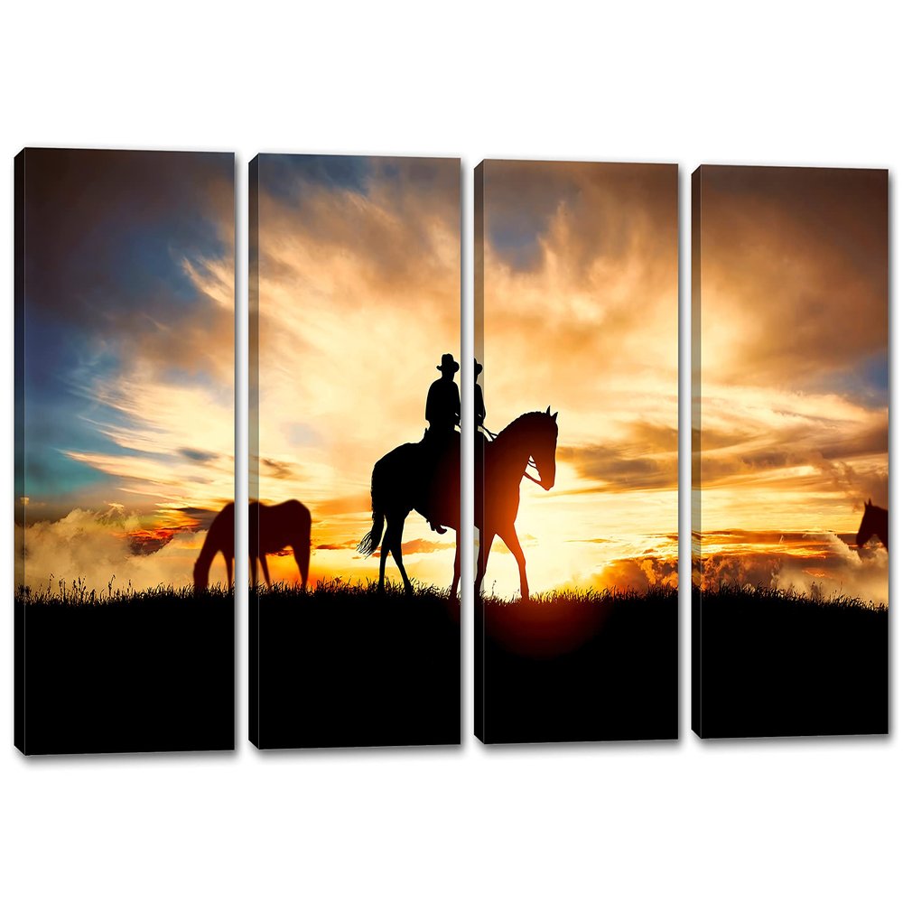 72 x 36 TOTAL - Cowboy & horse silhouette at sunset Canvas Print Wall Art 4 Panel Split, Cowboy Art