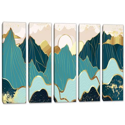 120 x 60 TOTAL - Mountains Wall Art Illustration Canvas Print bluish gold 5 Panel Split Oriental Art Decor