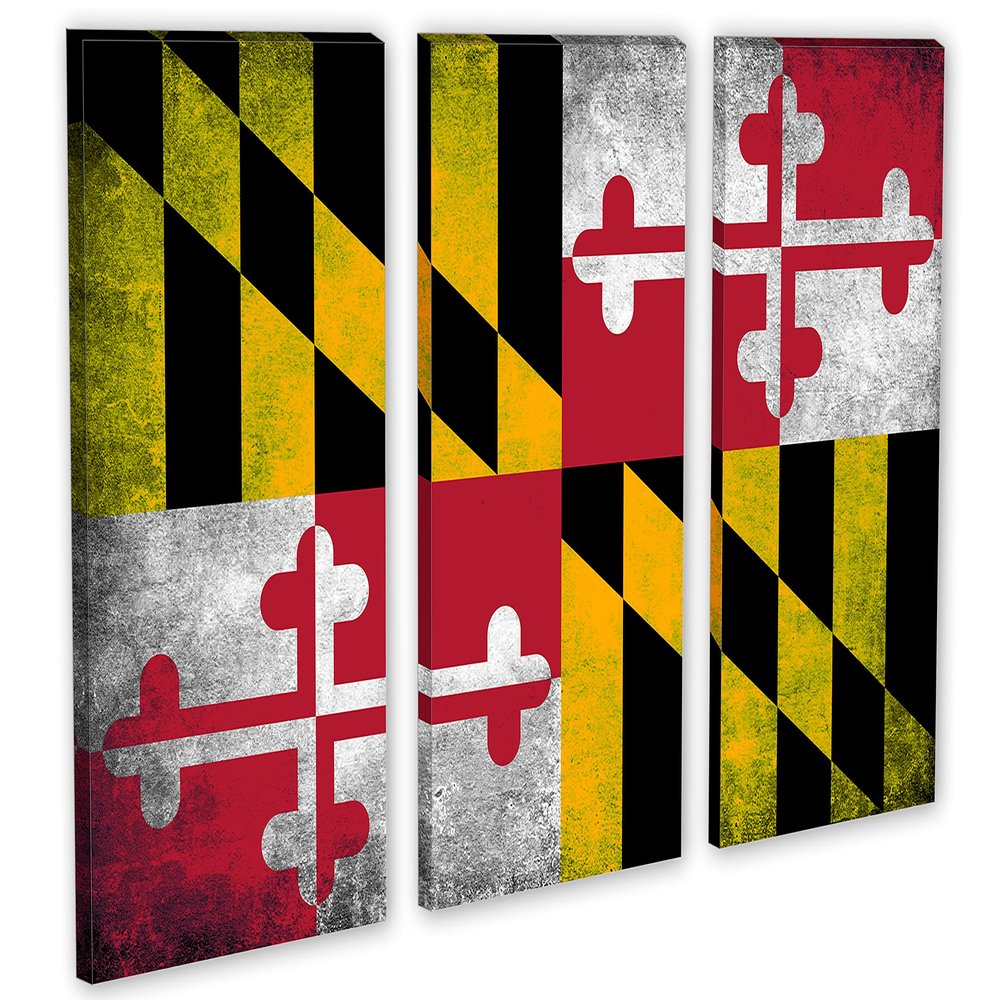 30 x 20 TOTAL - Maryland State Flag Grunge Canvas Print Wall Art - 3 Panel Split, Triptych. Home decor Flag Art