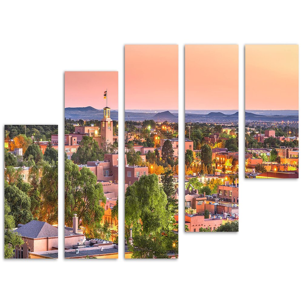 80 x 42 TOTAL - Santa Fe, NM Canvas print Wall Art with rose gold skies 5 Panel Z Cut Split Santa Fe, New Mexico