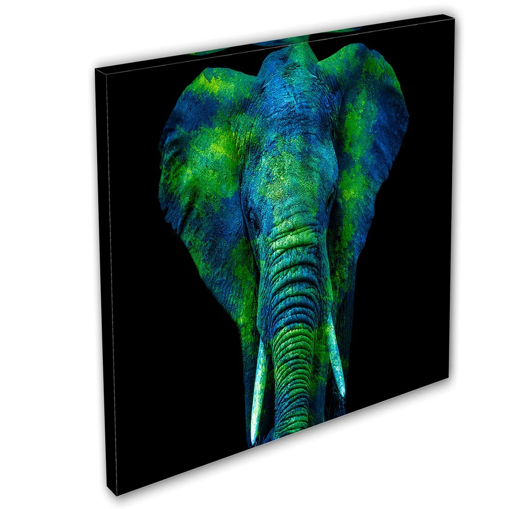 18 x 12 - Watercolor Elephant Canvas Print Wall Art blue green. Animal Home decor