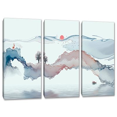 24 x 12 TOTAL - Abstract Landscape Wall Art Canvas Print light blue-silver 3 Panel Split Watercolor Art