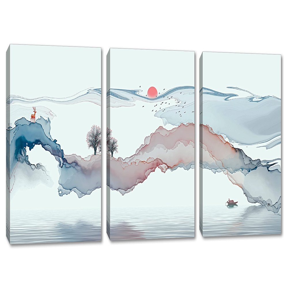 24 x 12 TOTAL - Abstract Landscape Wall Art Canvas Print light blue-silver 3 Panel Split Watercolor Art
