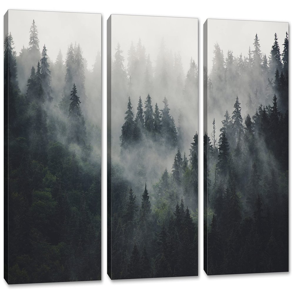 60 x 40 TOTAL - Foggy Forest Canvas Print Wall Art 3 Panel Split Misty Mountain Spruce Forest Landscape
