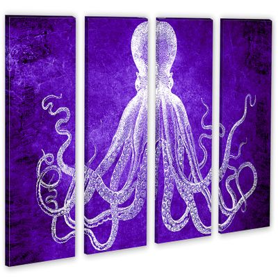 64 x 40 TOTAL - Lord Bodner Octopus Canvas Print Wall Art 4 Panel Split, Purple, Kraken Room wall decor