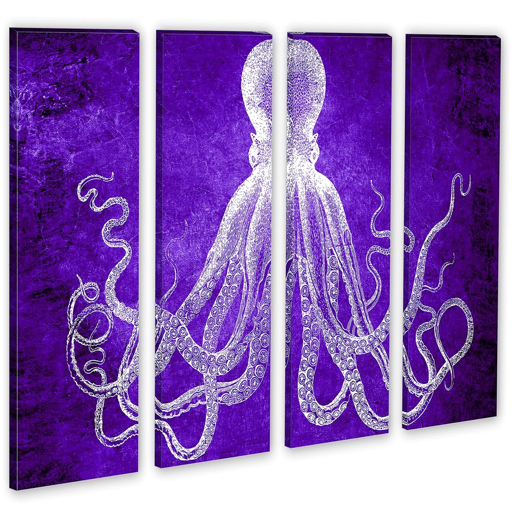 64 x 40 TOTAL - Lord Bodner Octopus Canvas Print Wall Art 4 Panel Split, Purple, Kraken Room wall decor