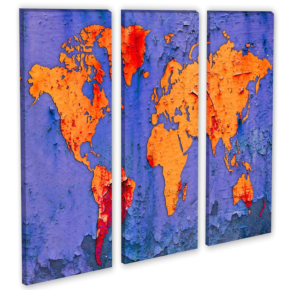 24 x 16 TOTAL - Slate Blue and Orange World Map. Canvas Print - 3 panel split, Triptych Wall Art