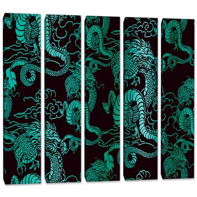 40 x 26 TOTAL - Chinese teal Dragons Canvas Print Wall Art 5 Panel Split Chinese Art, Asian wall decor