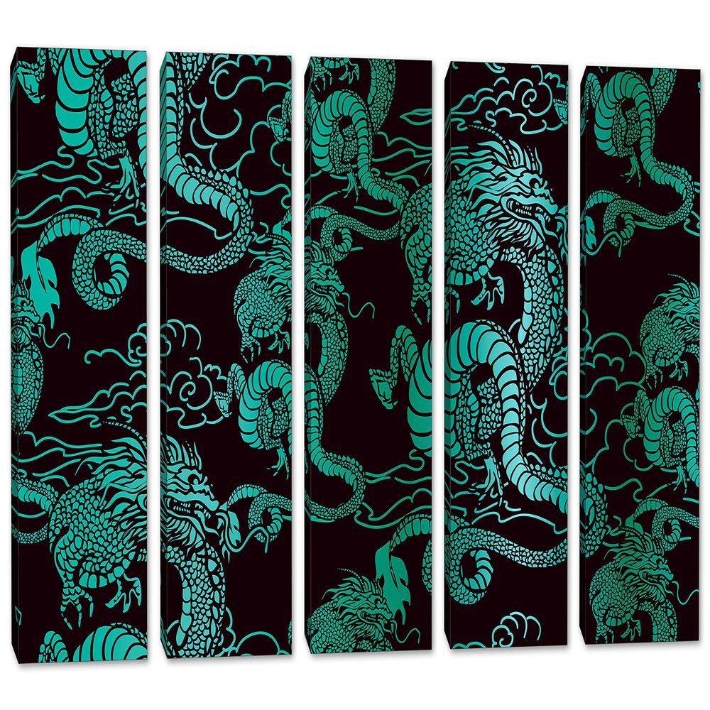 40 x 26 TOTAL - Chinese teal Dragons Canvas Print Wall Art 5 Panel Split Chinese Art, Asian wall decor