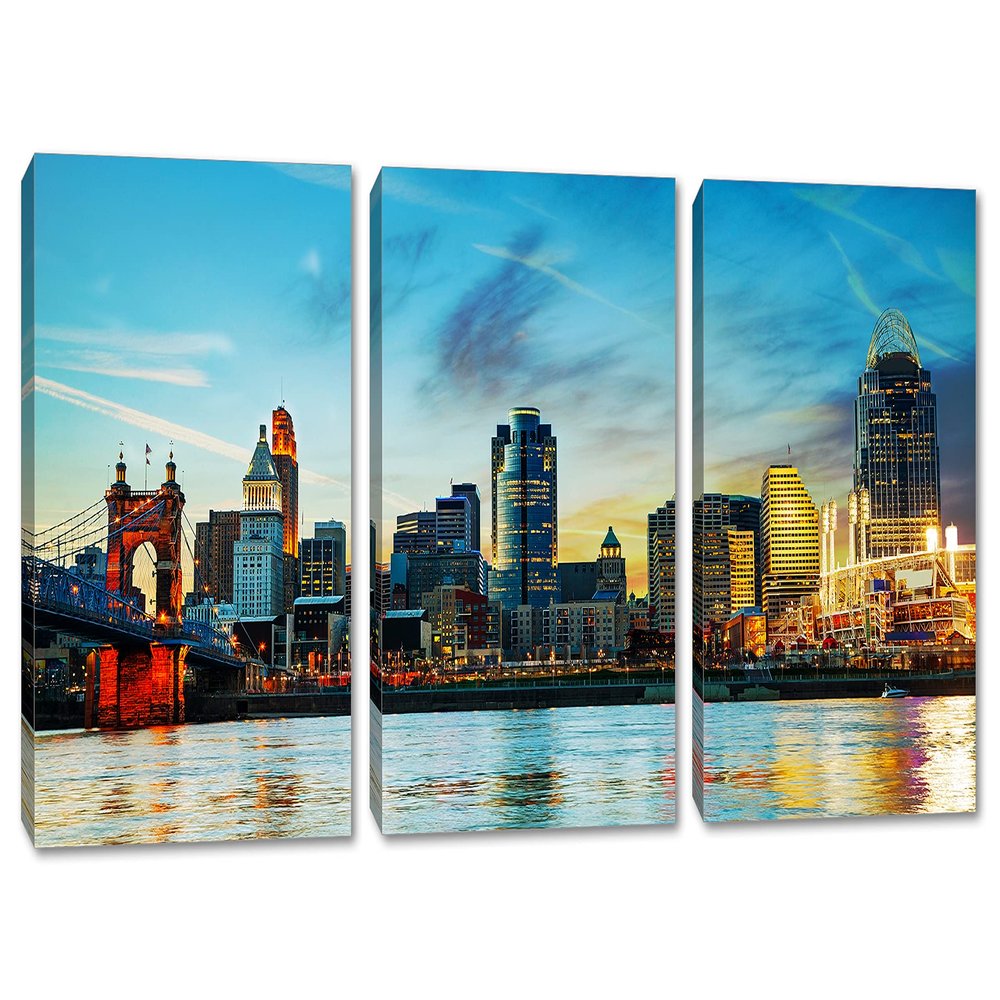 120 x 60 TOTAL - Cincinnati Ohio Skyline Canvas Print Wall Art. 3 Panel Split, Triptych interior design, room decor