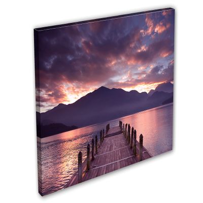 24 x 16 - Cloudy lake, docks Canvas Print Wall Art purple Scenic Landscape Mountains