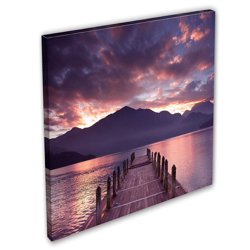24 x 16 - Cloudy lake, docks Canvas Print Wall Art purple Scenic Landscape Mountains