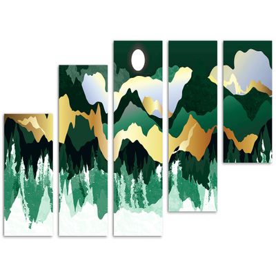 80 x 42 TOTAL - Mountains Illustration Canvas Print Wall Art Green gold 5 Panel Z Cut Split Oriental asian decor