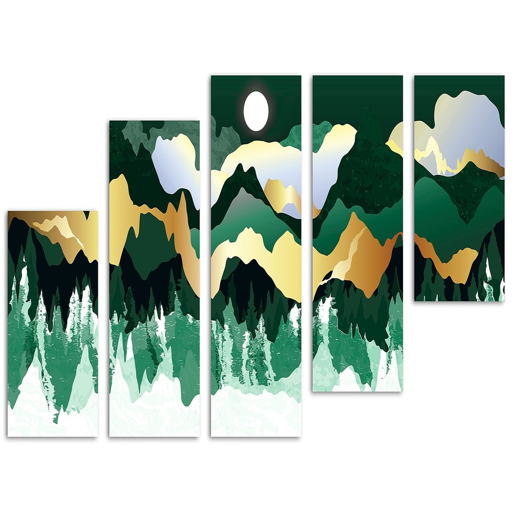 80 x 42 TOTAL - Mountains Illustration Canvas Print Wall Art Green gold 5 Panel Z Cut Split Oriental asian decor