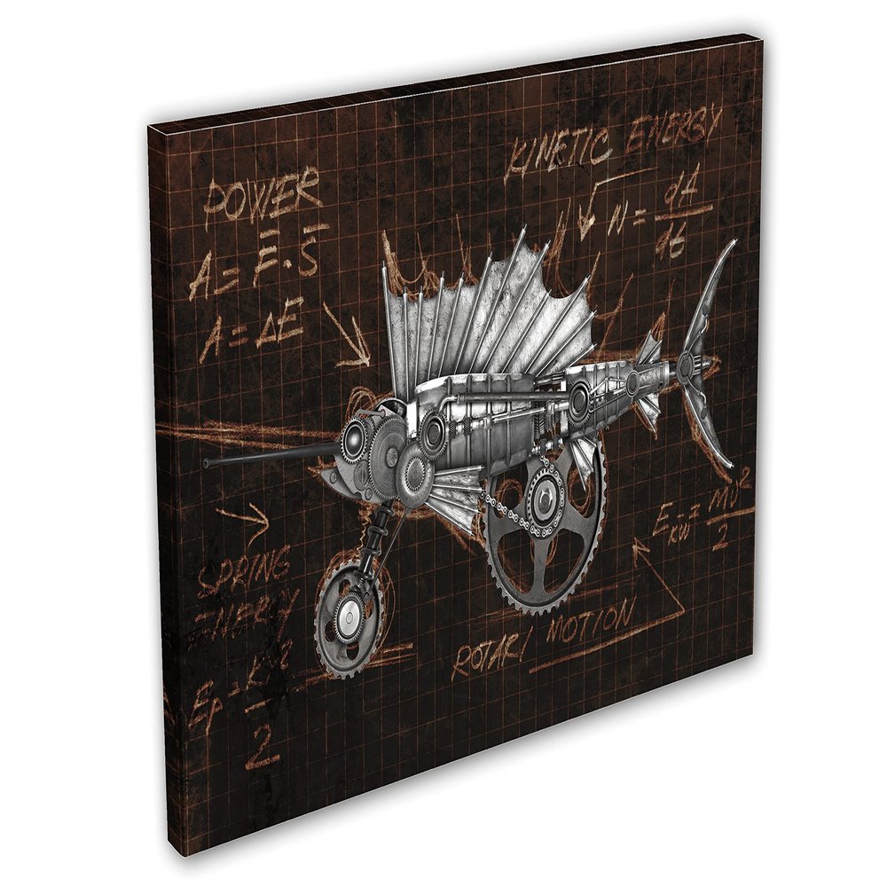 60 x 40 - Steampunk style silver sailfish Canvas Print Wall Art marlin mechanical art