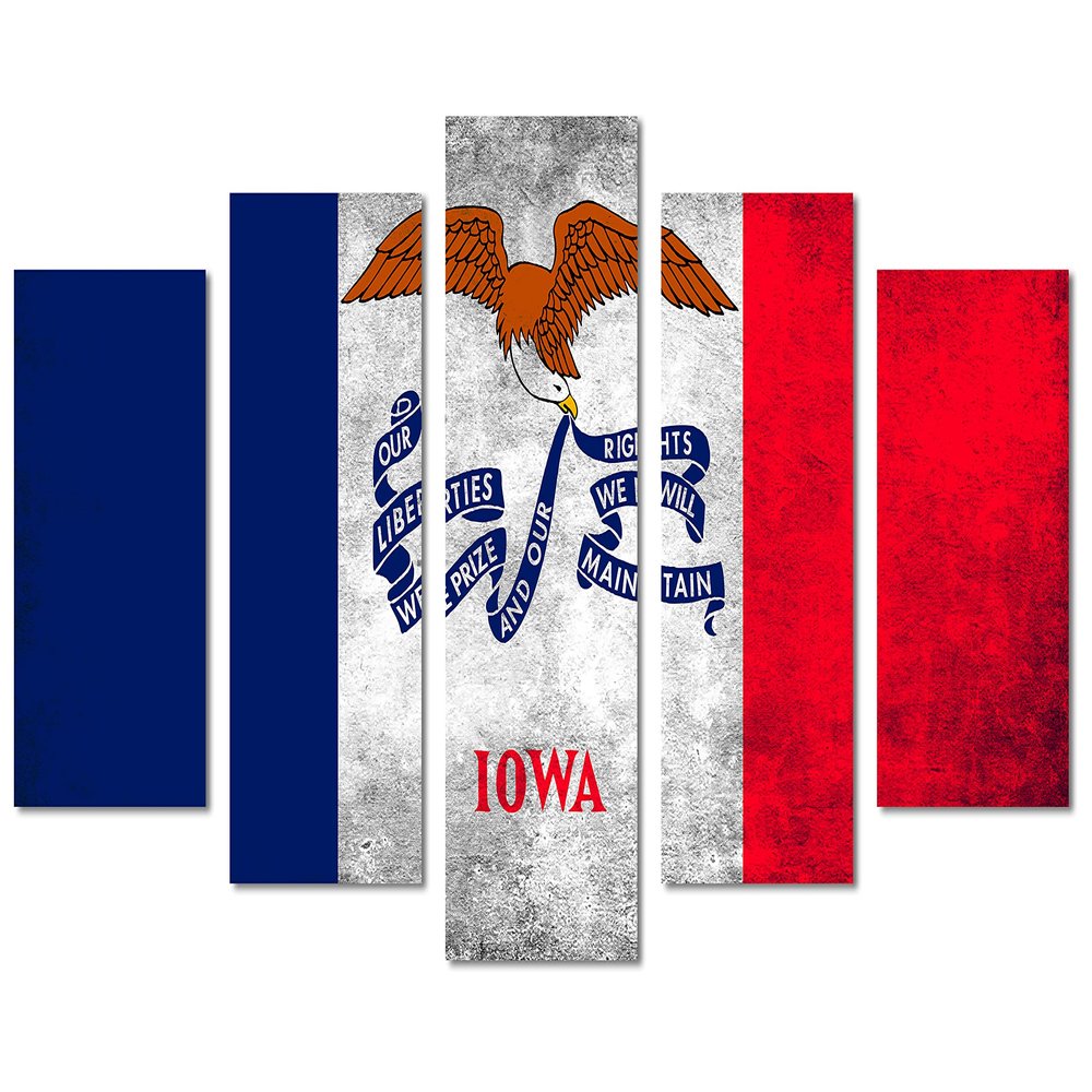 80 x 42 TOTAL - Iowa State Flag Grunge Canvas Print Wall Art - 5 Panel Diamond Split. Home decor Flag Art