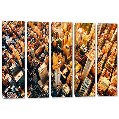 90 x 45 TOTAL - Manhattan NY Wall Art Canvas Print Aerial view 5 Panel Split New York skyline, orange glow