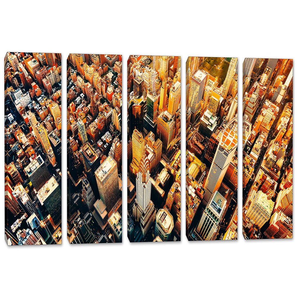 90 x 45 TOTAL - Manhattan NY Wall Art Canvas Print Aerial view 5 Panel Split New York skyline, orange glow