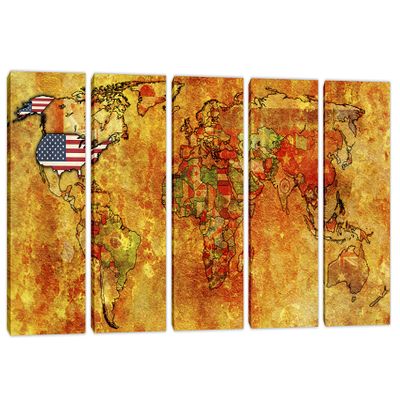 120 x 60 TOTAL - Flags World Map Canvas Print - 5 Panel Split Wall Art. World Countries
