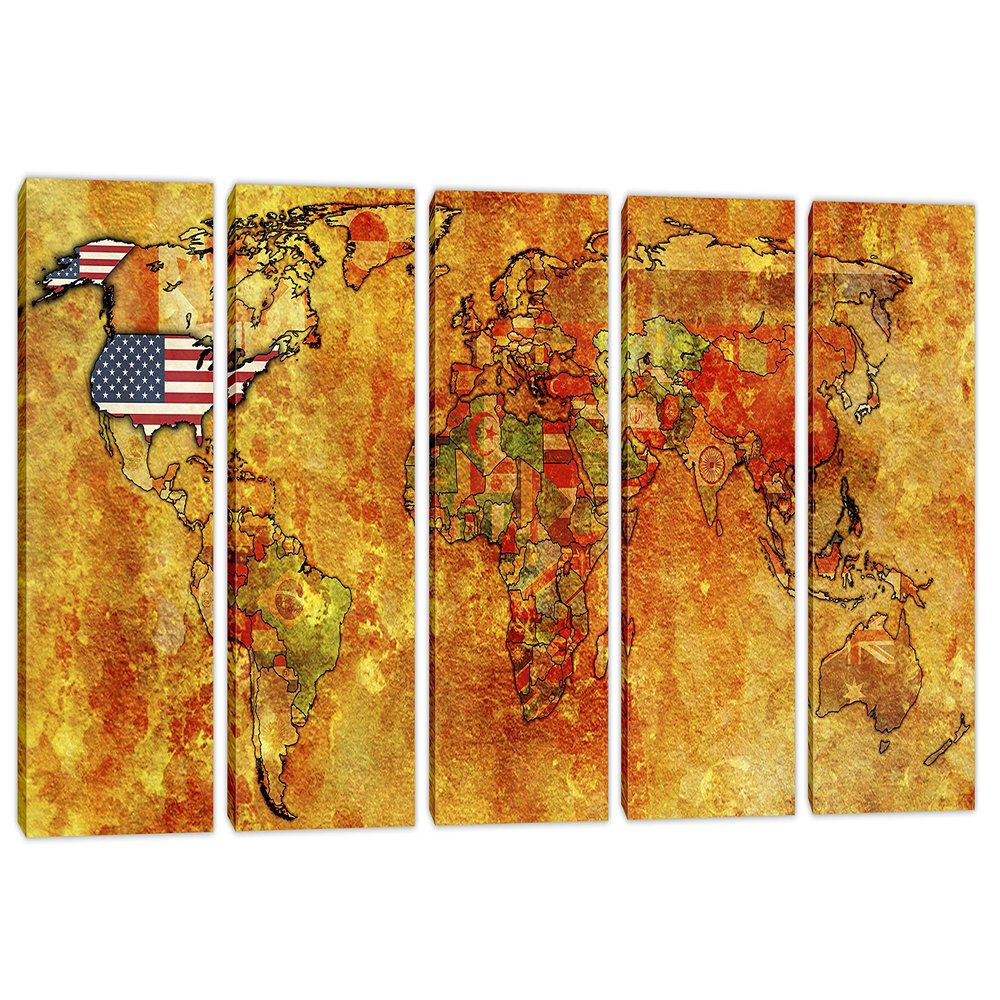 120 x 60 TOTAL - Flags World Map Canvas Print - 5 Panel Split Wall Art. World Countries