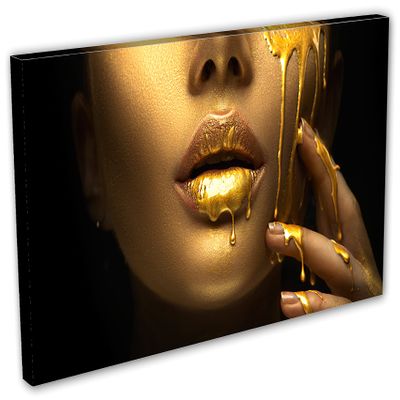 30 x 15 - Gold Woman Face Wall Art Fashion Canvas Print, golden paint dripping from lips