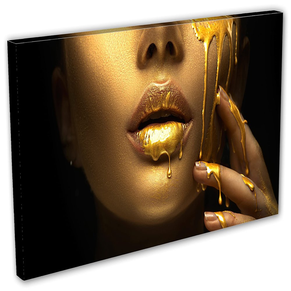 30 x 15 - Gold Woman Face Wall Art Fashion Canvas Print, golden paint dripping from lips