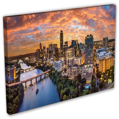 48 x 24 - Austin Texas skyline Wall Art Canvas Print with fiery orange skies over Colorado River, Austin TX