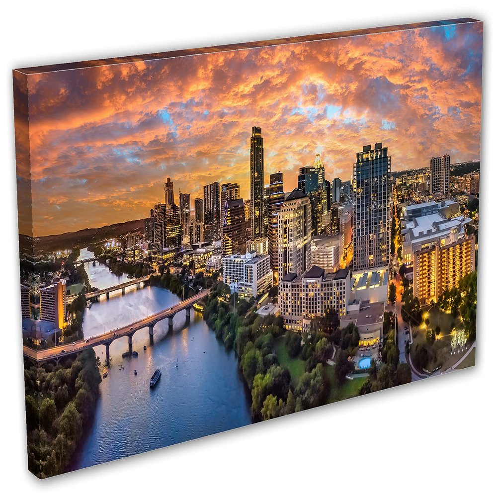48 x 24 - Austin Texas skyline Wall Art Canvas Print with fiery orange skies over Colorado River, Austin TX