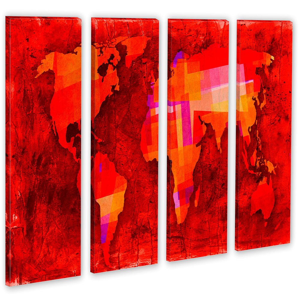 64 x 40 TOTAL - Dark Red, Abstract World Map. Canvas Print - 4 Panel split, Wall Art