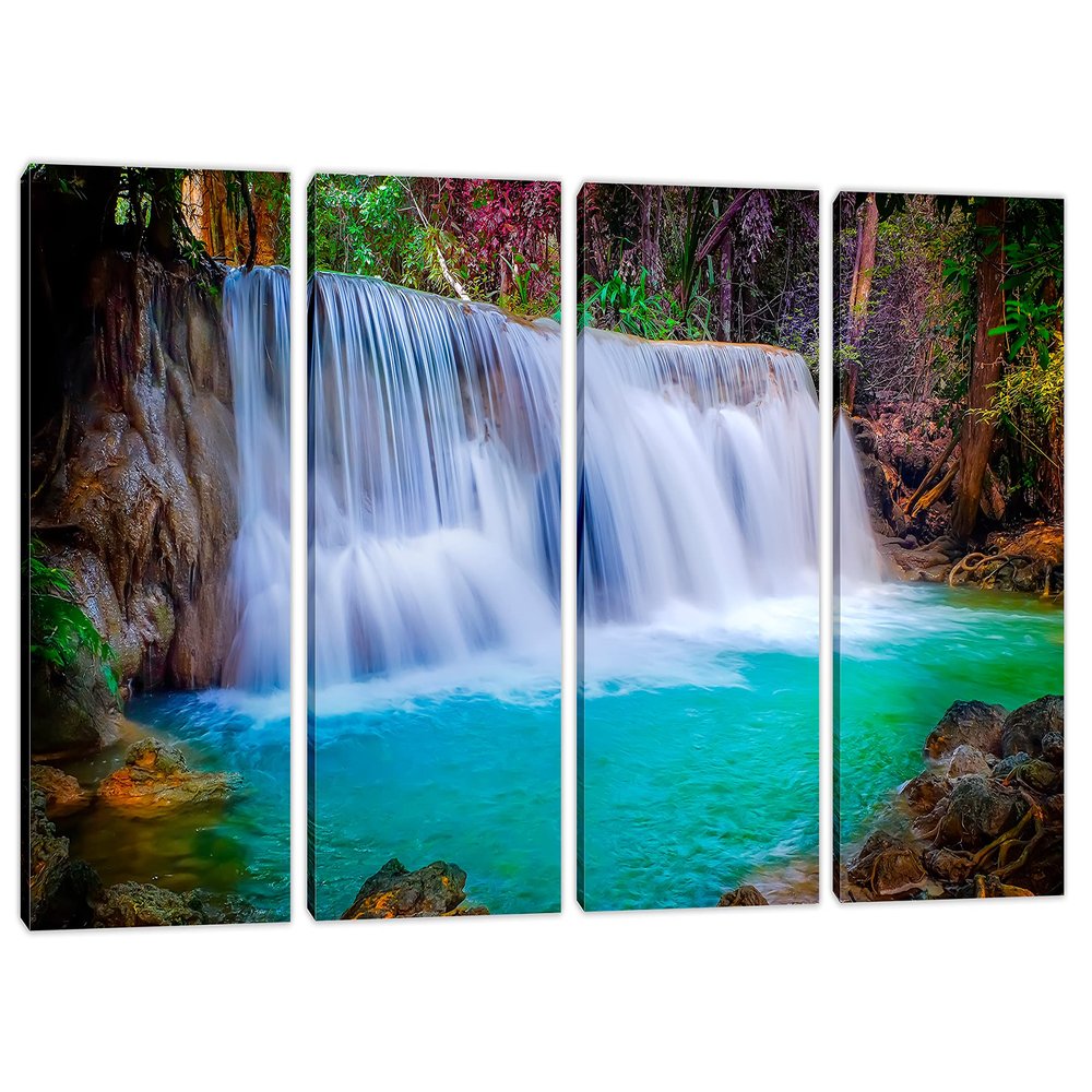100 x 50 TOTAL - Forest Waterfall Canvas Print Wall Art. 4 Panel Split. California Park