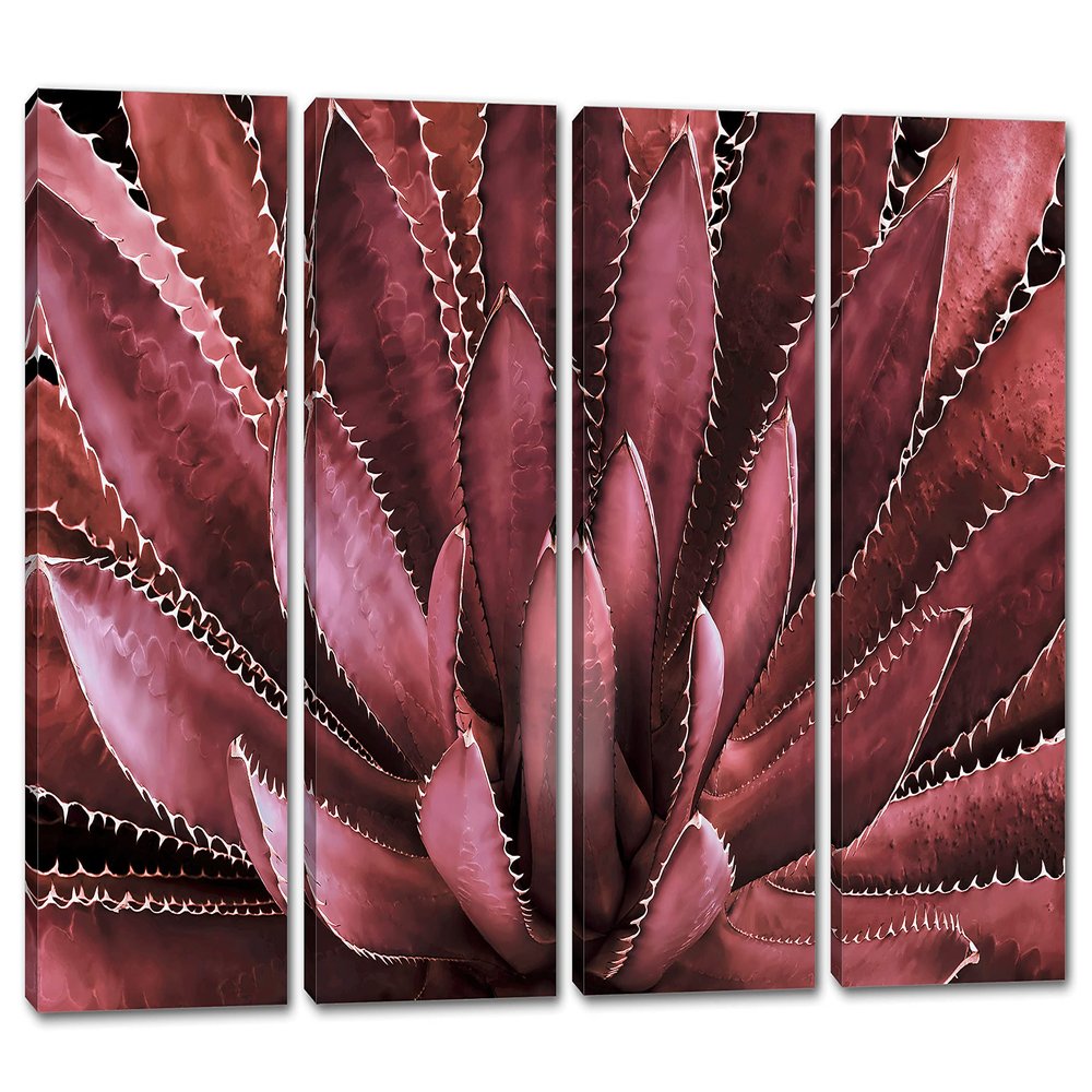 32 x 20 TOTAL - Agave Plant Canvas Print Wall Art burgundy 4 Panel Split Botanical Art, tequilana plant