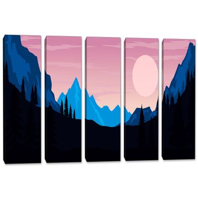120 x 60 TOTAL - Landscape Illustration Canvas Print Wall Art pink black 5 Panel Split Mountain SVG Print