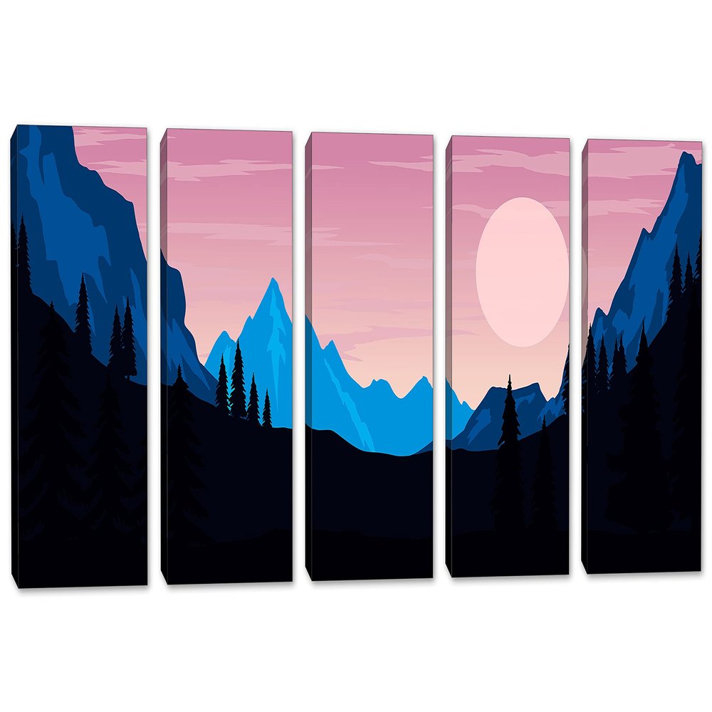 120 x 60 TOTAL - Landscape Illustration Canvas Print Wall Art pink black 5 Panel Split Mountain SVG Print