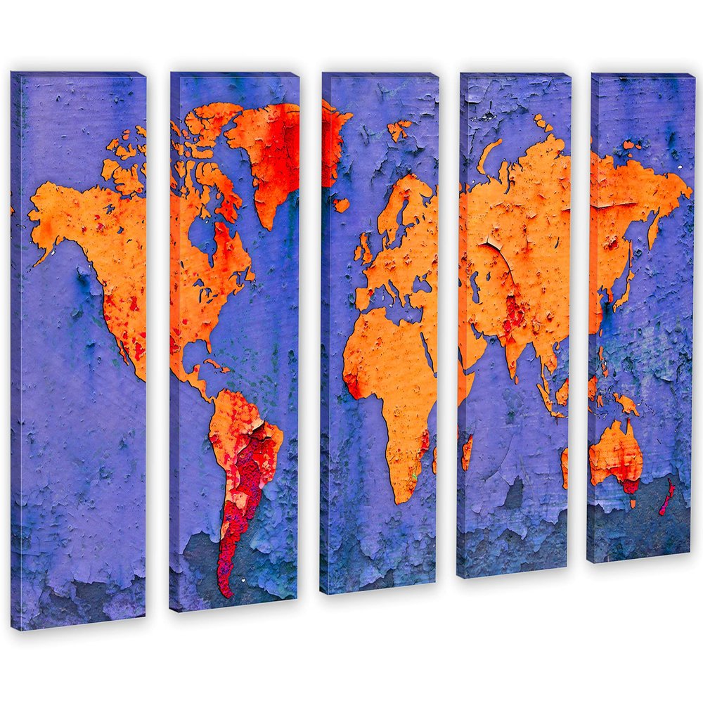 60 x 40 TOTAL - Slate Blue and Orange World Map Canvas Print. 5 Panel split, Wall Art